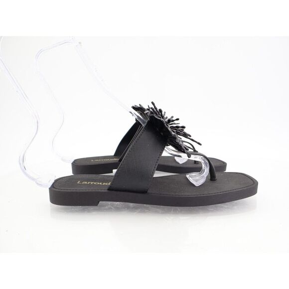 Larroude Hibiscus Sandals Slide Thong Size 6/7 Black Slip On Rubber Beach - Picture 3 of 10